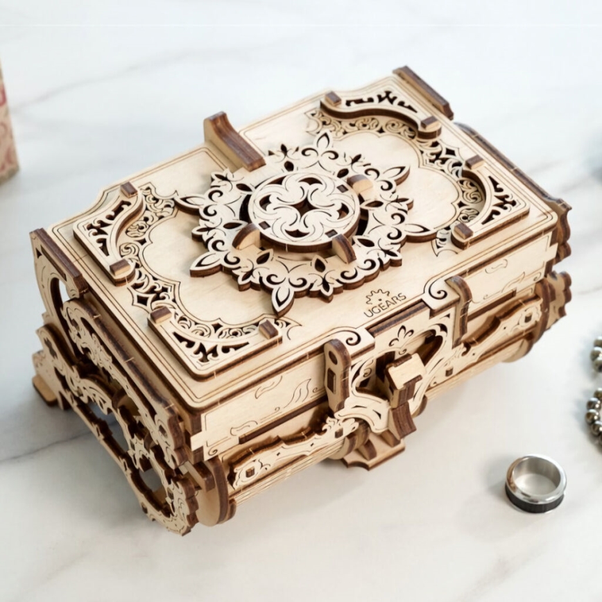 Ugears - 3D дървен механичен пъзел Антикварна кутия за бижута