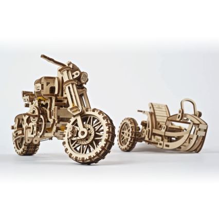 Ugears - 3D дървен механичен пъзел Мотоциклет Scrambler с кош