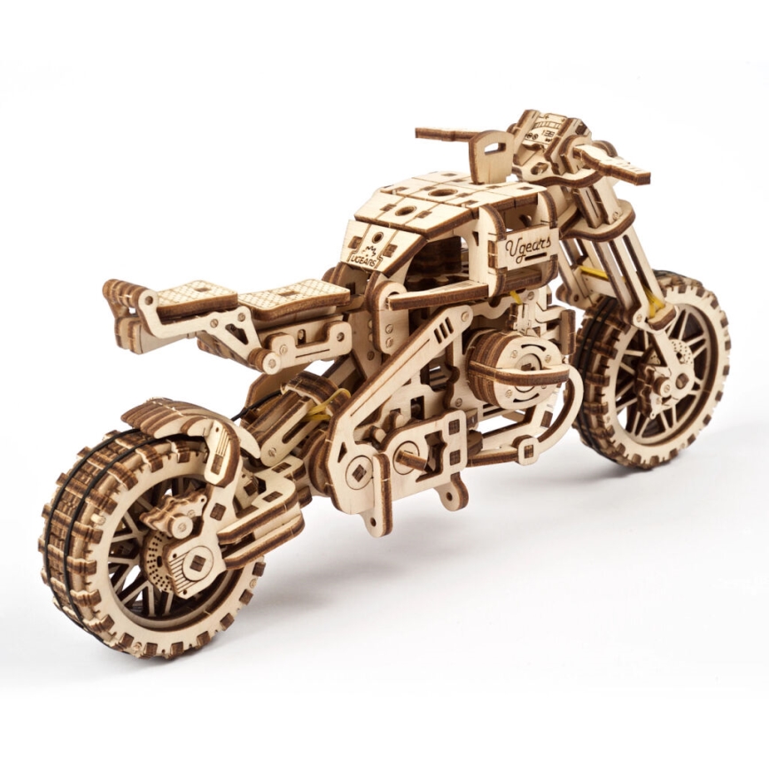 Ugears - 3D дървен механичен пъзел Мотоциклет Scrambler с кош