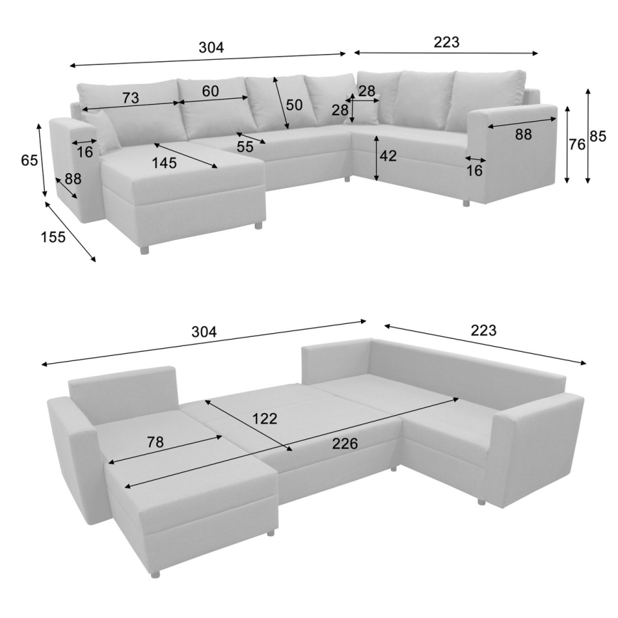 Универсален разтегателен U-образен ъглов диван SEYA с вместително място за съхранение, сив