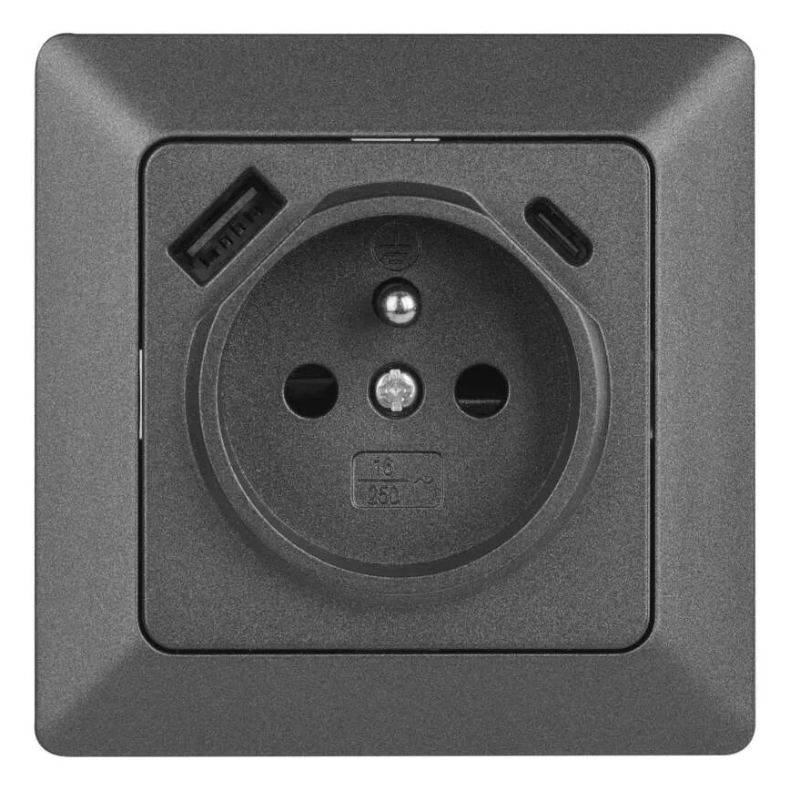 Универсална домашна розетка с USB-A и USB-C, френски стандарт, 250V/16A, антрацит
