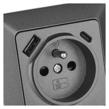 Универсална домашна розетка с USB-A и USB-C, френски стандарт, 250V/16A, антрацит