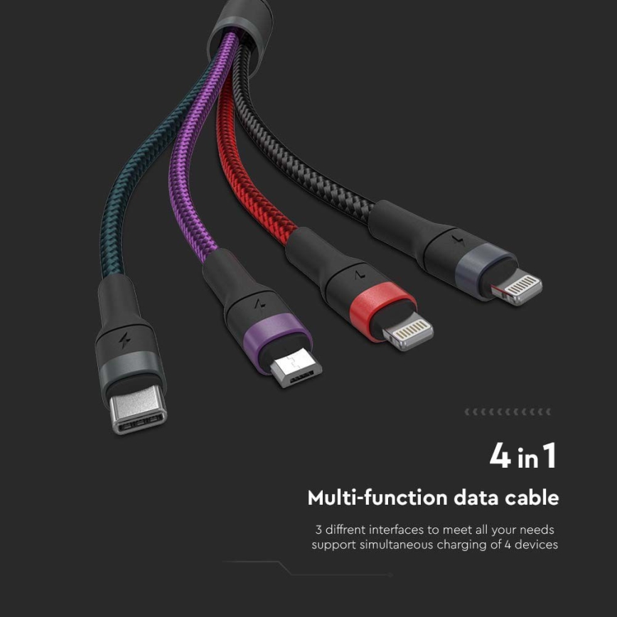 USB кабел USB-A / USB Lightning  / MicroUSB / USB-C 1,2м многоцветен