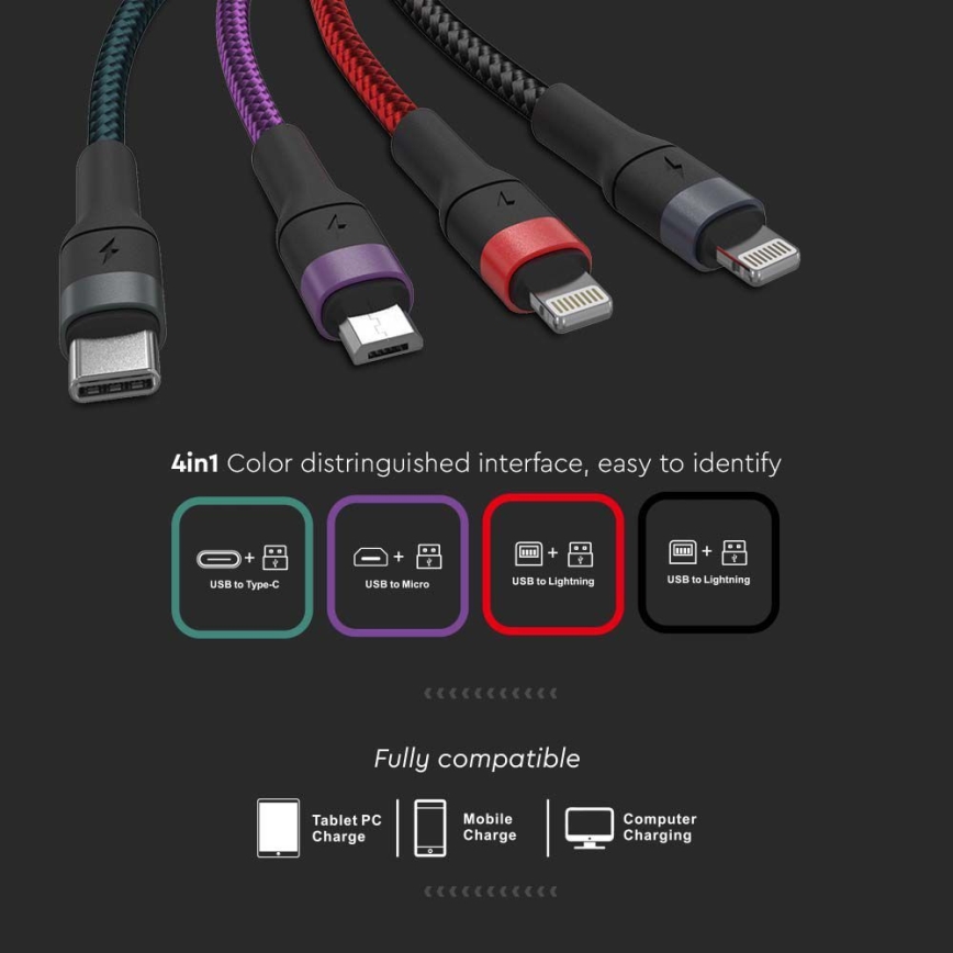 USB кабел USB-A / USB Lightning  / MicroUSB / USB-C 1,2м многоцветен