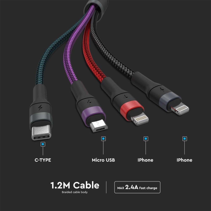 USB кабел USB-A / USB Lightning  / MicroUSB / USB-C 1,2м многоцветен