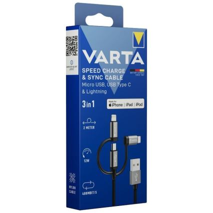 Varta 57937101111 - USB кабел 3в1 с конектор Lightning и Micro USB 2 м
