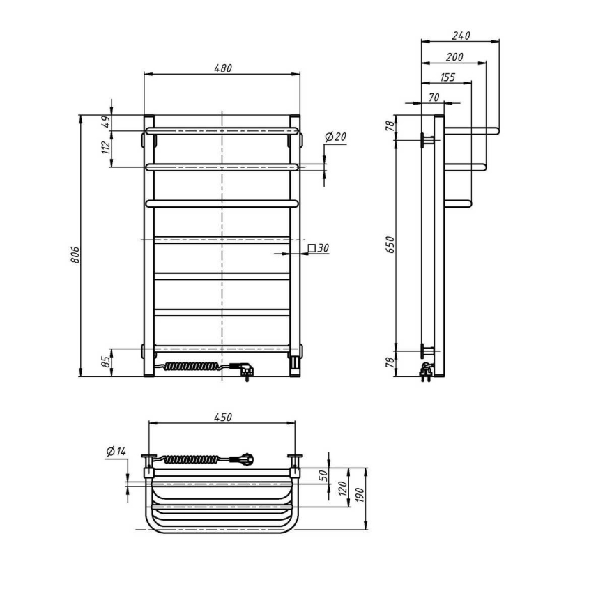 Vertaduro - Електрически сушилник за хавлии с термостат DOR 155W/230V 80x48 cm IP44 черен ляв