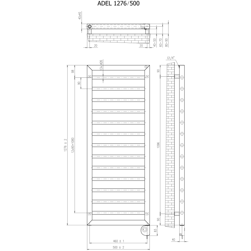 Vertaduro - Радиатор за баня с термостат ADEL 600W 128x50 см черен
