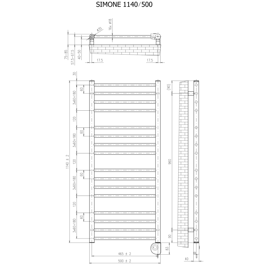 Vertaduro - Радиатор за баня с термостат SIMONE 400W 114x50 см черен