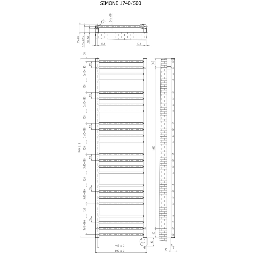 Vertaduro - Радиатор за баня с термостат SIMONE 600W 174x50 см черен