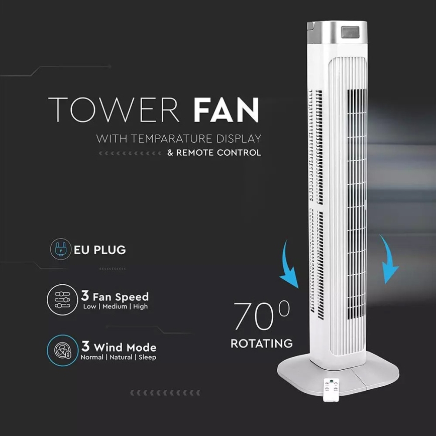 Вертикален вентилатор с термометър с дистанционно управление 55W/230V