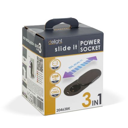 Вградена розетка с плъзгащо капаче, 1x контакт + USB-C + USB-A, черна