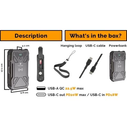 Viking - Външна батерия с вграден LED фенер, безжично зареждане и слънчев панел Power Delivery 22,5W/10000 mAh