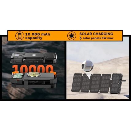 Viking - Външна батерия с вграден LED фенер, безжично зареждане и слънчев панел Power Delivery 22,5W/10000 mAh