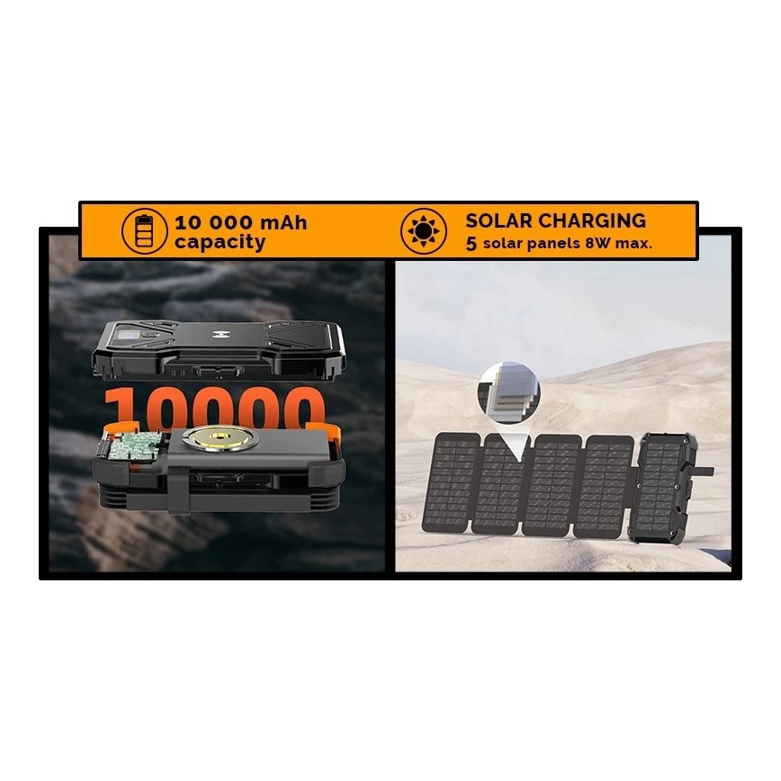 Viking - Външна батерия с вграден LED фенер, безжично зареждане и слънчев панел Power Delivery 22,5W/10000 mAh