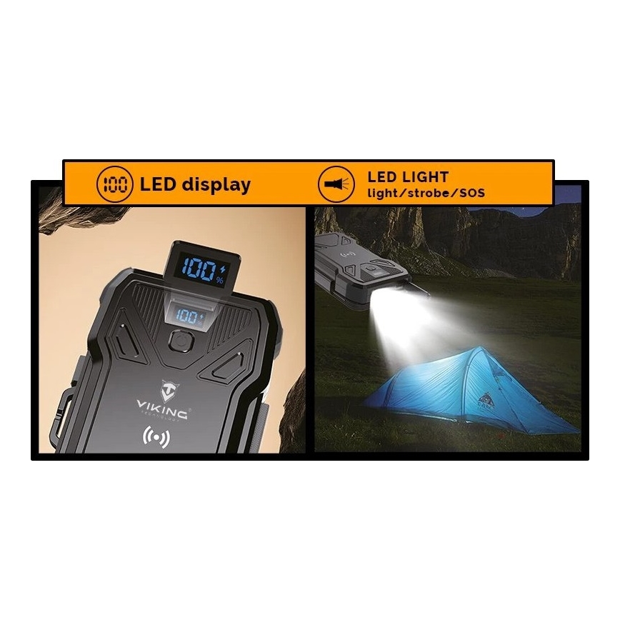 Viking - Външна батерия с вграден LED фенер, безжично зареждане и слънчев панел Power Delivery 22,5W/10000 mAh