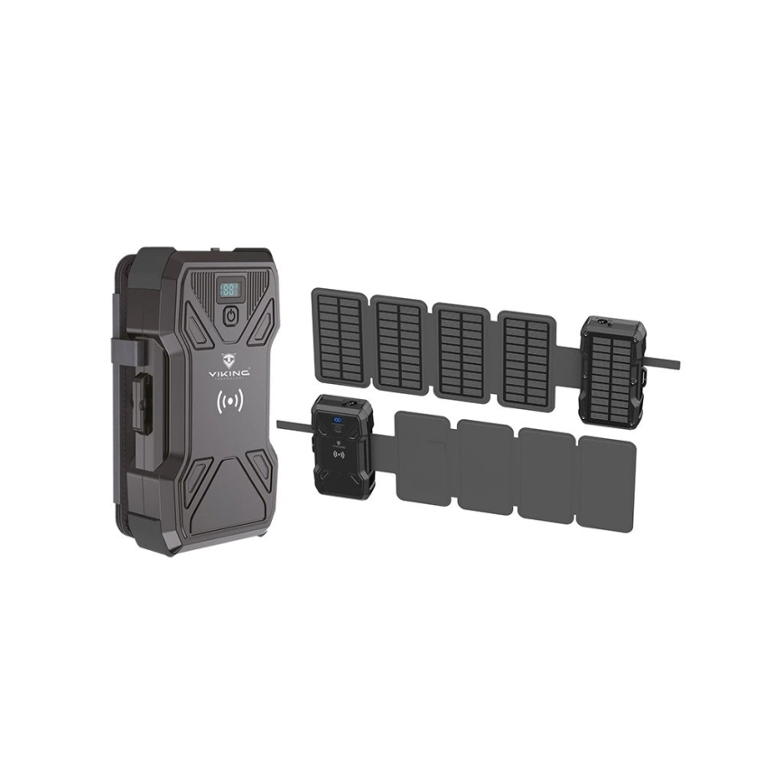 Viking - Power Bank с LED фенер, безжично зареждане и соларен панел, Power Delivery 22,5 W / 30 000 mAh