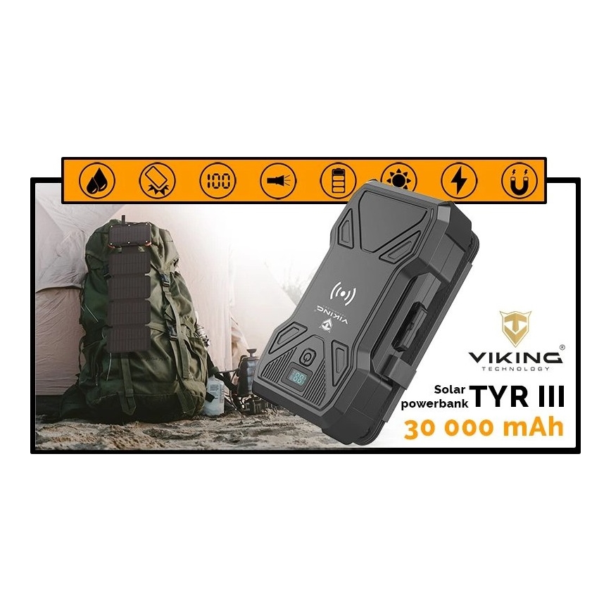 Viking - Power Bank с LED фенер, безжично зареждане и соларен панел, Power Delivery 22,5 W / 30 000 mAh