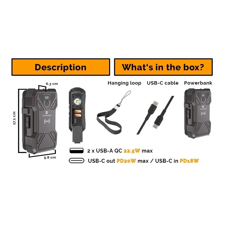 Viking - Power Bank с LED фенер, безжично зареждане и соларен панел, Power Delivery 22,5 W / 30 000 mAh
