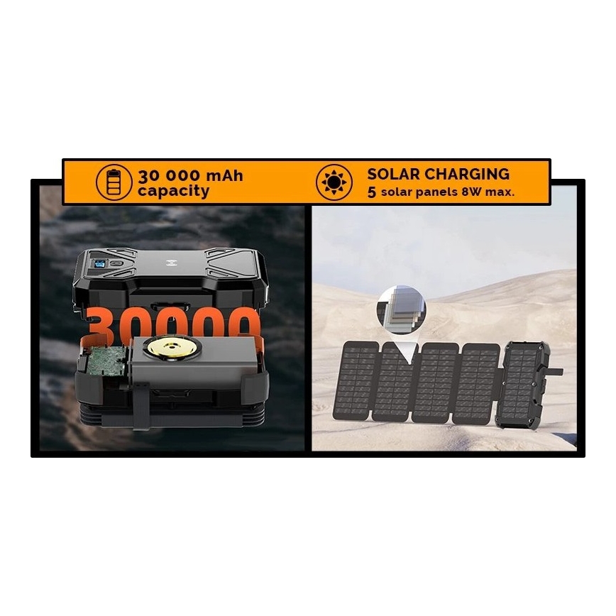 Viking - Power Bank с LED фенер, безжично зареждане и соларен панел, Power Delivery 22,5 W / 30 000 mAh