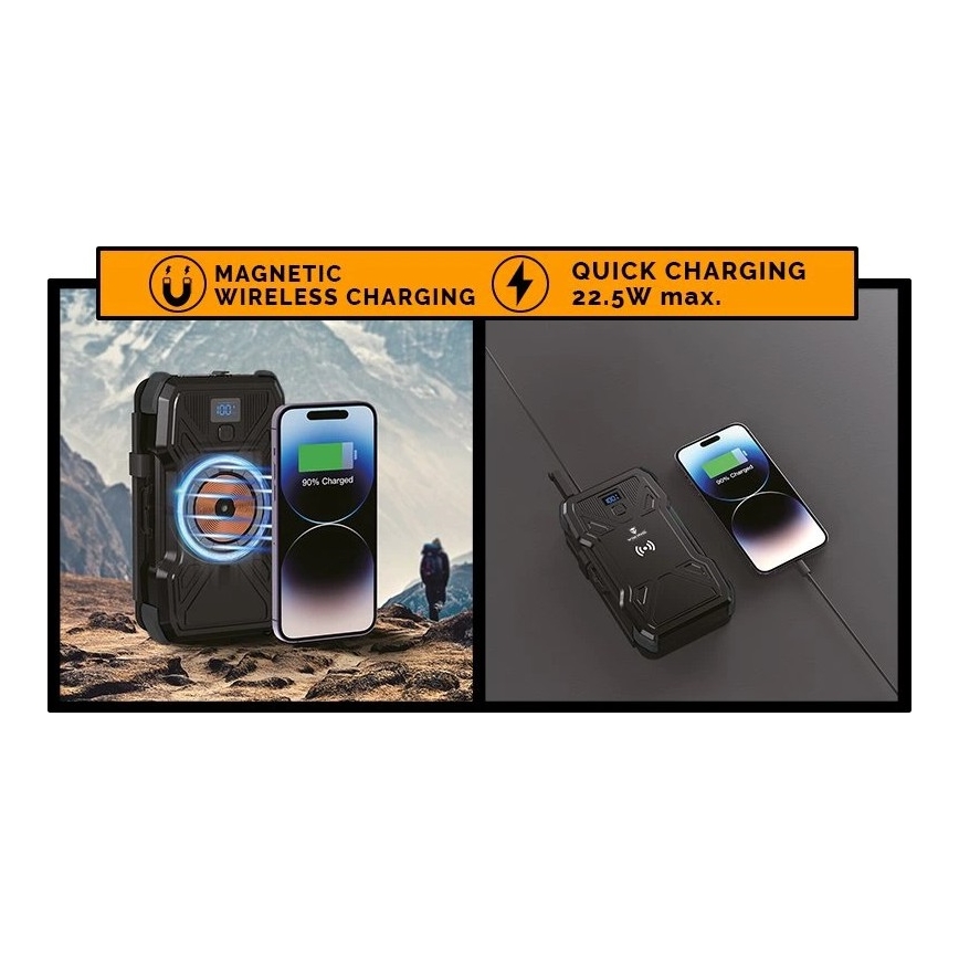 Viking - Power Bank с LED фенер, безжично зареждане и соларен панел, Power Delivery 22,5 W / 30 000 mAh