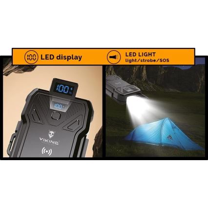 Viking - Power Bank с LED фенер, безжично зареждане и соларен панел, Power Delivery 22,5 W / 30 000 mAh