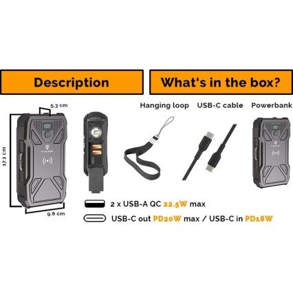 Viking - външна батерия с LED фенер, безжично зареждане и соларен панел Power Delivery 22,5W/20000 mAh