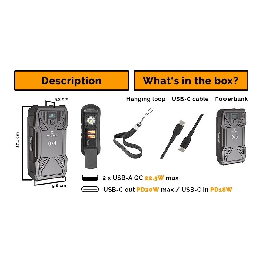 Viking - външна батерия с LED фенер, безжично зареждане и соларен панел Power Delivery 22,5W/20000 mAh