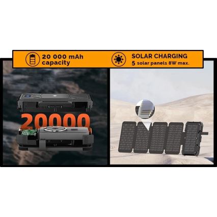 Viking - външна батерия с LED фенер, безжично зареждане и соларен панел Power Delivery 22,5W/20000 mAh