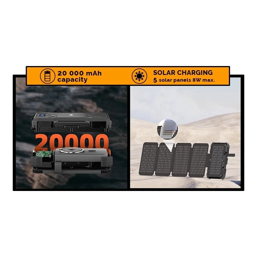 Viking - външна батерия с LED фенер, безжично зареждане и соларен панел Power Delivery 22,5W/20000 mAh
