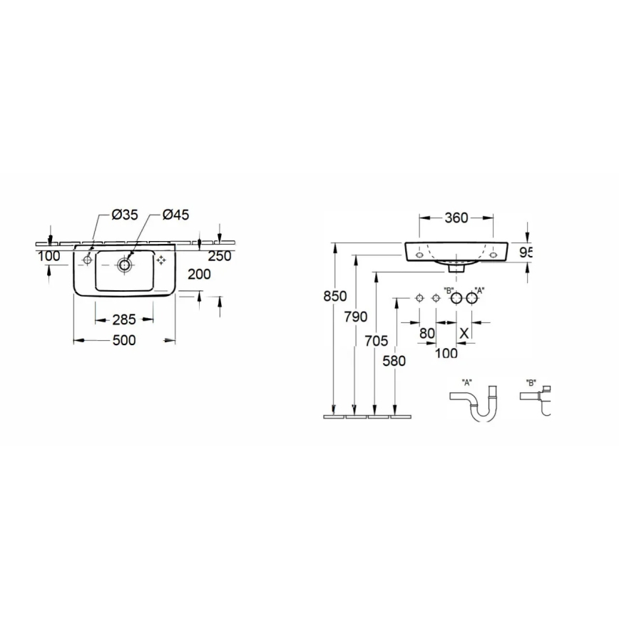 Villeroy & Boch 4342L501 - Висяща мивка O.NOVO 50x25 см керамика/бяла