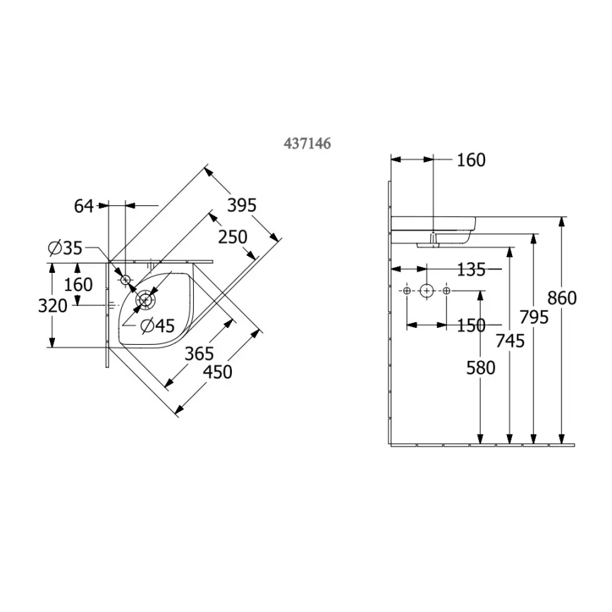 Villeroy & Boch 43714601 - Ъглова стенна мивка SUBWAY 3.0 32x32 см керамика/бяла