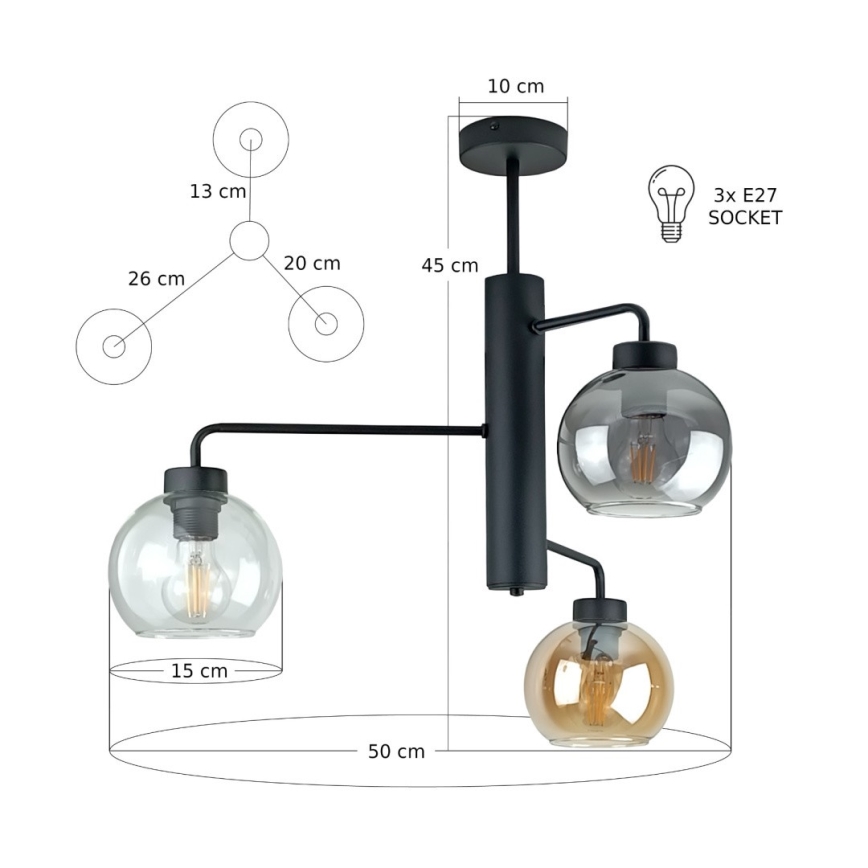 Висящ полилей FLEX 3xE27/60W/230V черен/опушен черен/опушен бежов/прозрачен