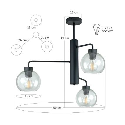 Висящ полилей FLEX 3xE27/60W/230V черен/прозрачен
