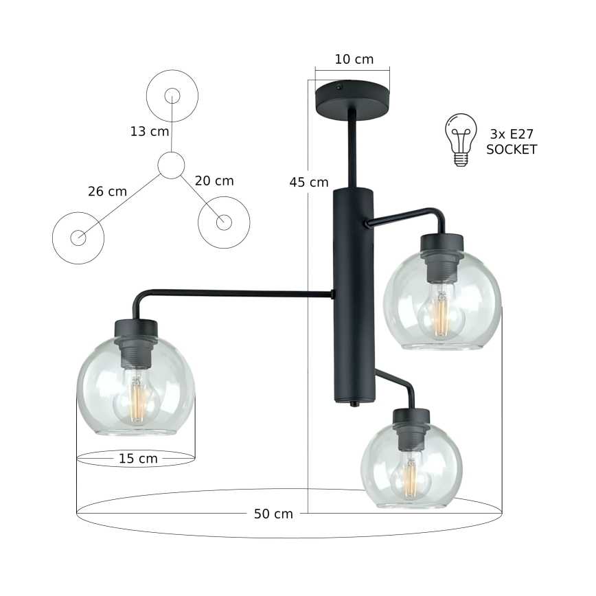 Висящ полилей FLEX 3xE27/60W/230V черен/прозрачен