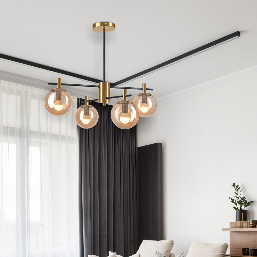 Висящ полилей LILOU 4xE14/5W/230V златист/черен/опушен бежов