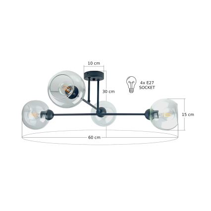 Висящ полилей VASCO 4xE27/60W/230V черен/прозрачен