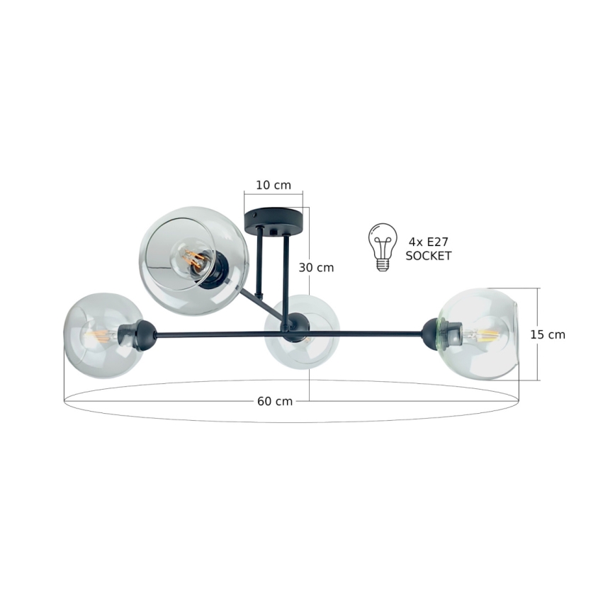 Висящ полилей VASCO 4xE27/60W/230V черен/прозрачен