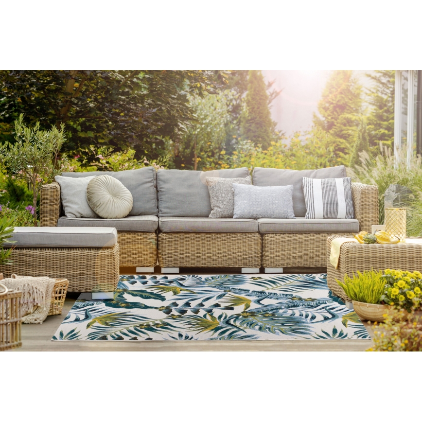 Външен килим CAPPUCCINO 120x180 cm в тюркоаз с листна шарка