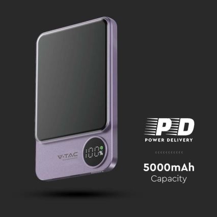 Външна батерия с дисплей и безжично зареждане Power Delivery 5000mAh/20W/5V лилава