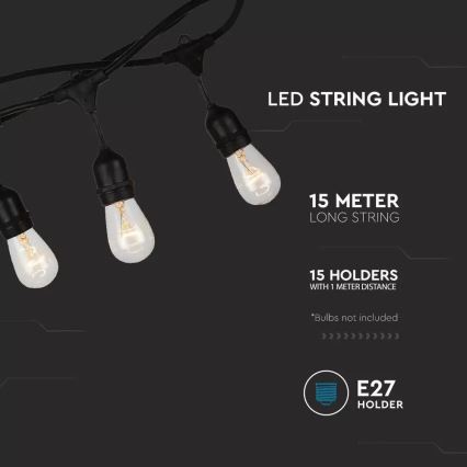 Външна гирлянда STRING, 15 m — 15 лампи с цокъл E27, до 25 W, 230 V, клас на защита IP54