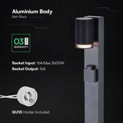 Външна лампа с SCHUKO контакт, 1xGU10/10W/230V, IP44, 80 см, черна