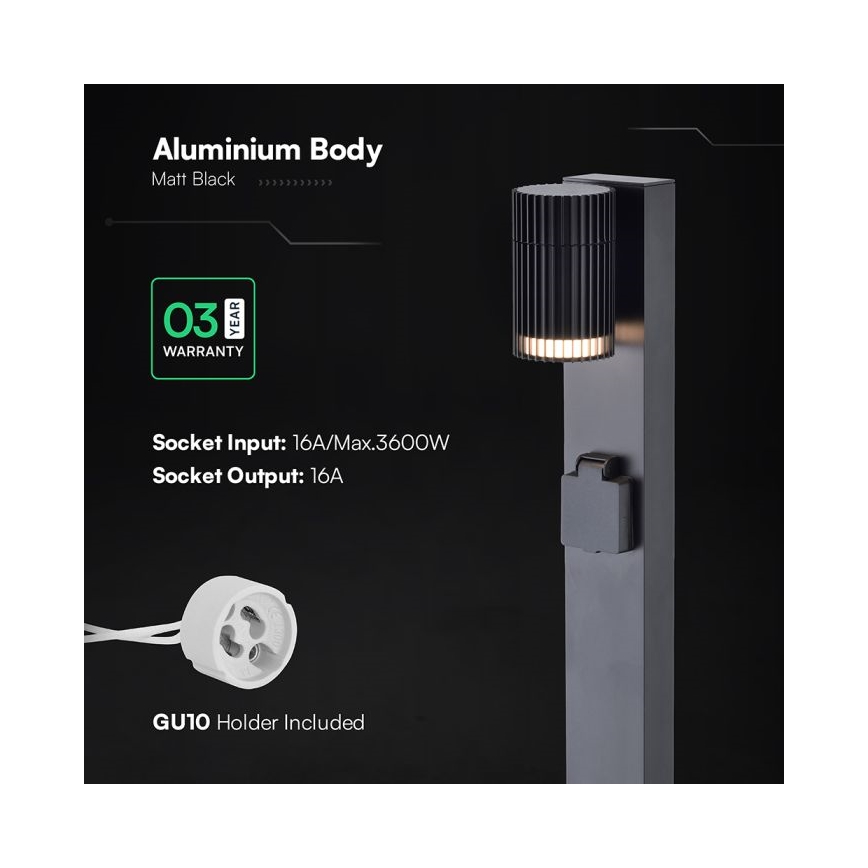 Външна лампа с SCHUKO контакт, 1xGU10/10W/230V, IP44, 80 см, черна