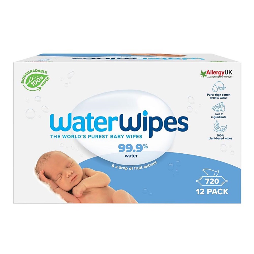 WaterWipes - К-кт 12x Мокри кърпички без съдържание на пластмаса 60 бр. (720 pcs)