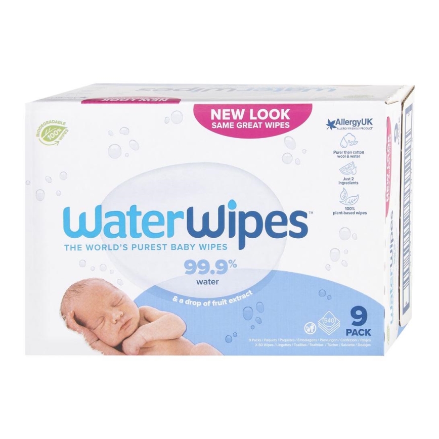 WaterWipes - К-кт 9x Мокри кърпички без съдържание на пластмаса 60 бр. (540 pcs)