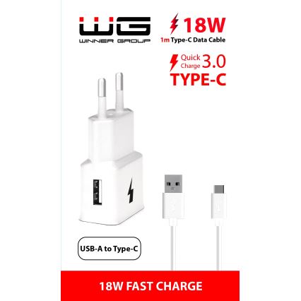 Winner Group- Адаптер за бързо зареждане 1xUSB-A PD 18W + USB кабел USB-C / USB-A 1m