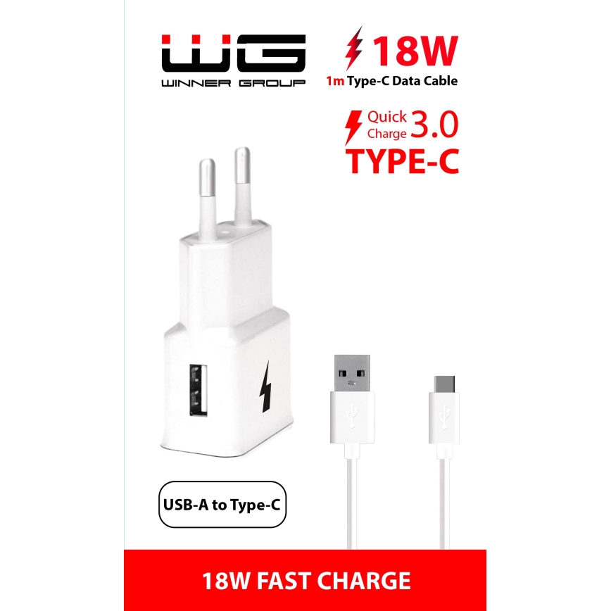 Winner Group- Адаптер за бързо зареждане 1xUSB-A PD 18W + USB кабел USB-C / USB-A 1m