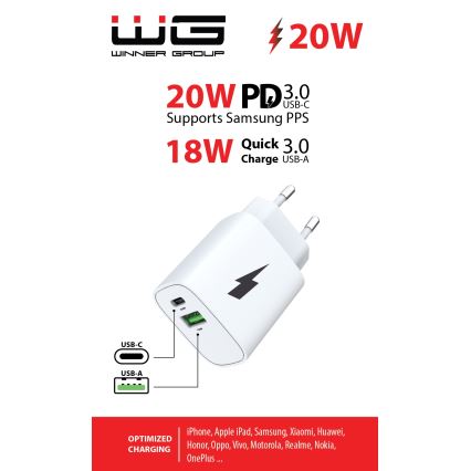 Winner Group - Адаптер за бързо зареждане 1xUSB-C + 1xUSB-A Power Delivery 20W бял