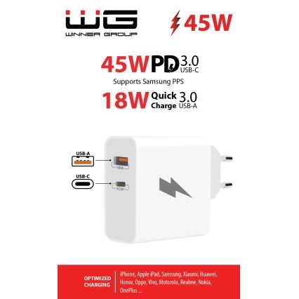 Winner Group - Адаптер за бързо зареждане 1xUSB-C + 1xUSB-A Power Delivery 45W бял