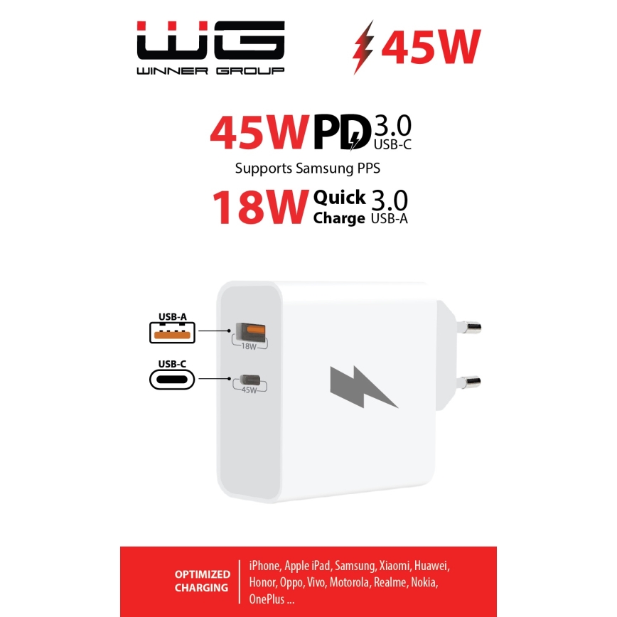 Winner Group - Адаптер за бързо зареждане 1xUSB-C + 1xUSB-A Power Delivery 45W бял